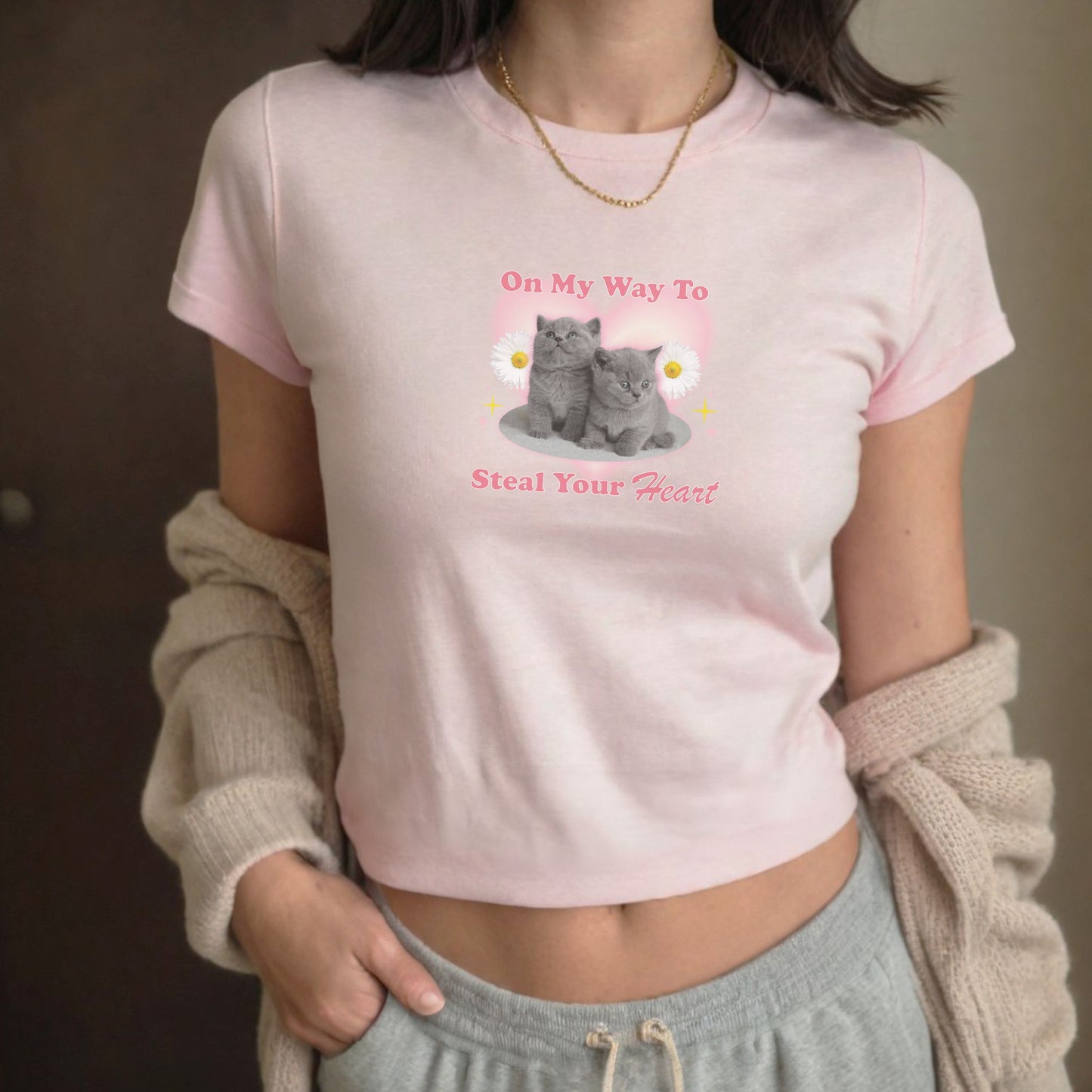 Cute Y2K "On My Way To Steal Your Heart" 2000s Kitty Baby Tee Shirt