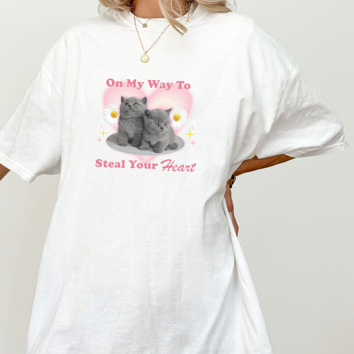 Trendy Y2K 'On my Way to Steal Your Heart' Funny Full Length Kitten T-shirt