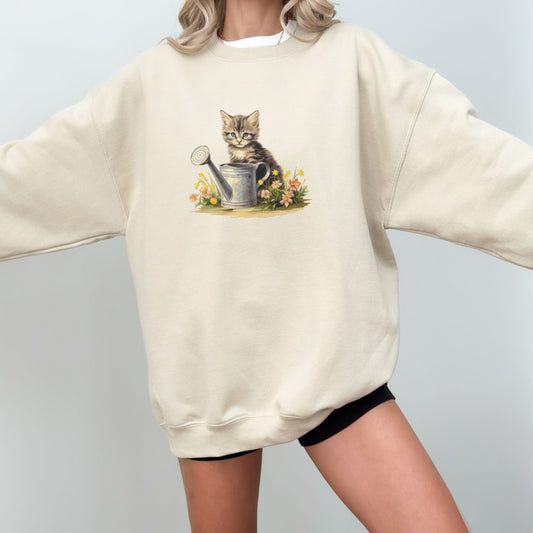 Vintage 1900s Kitten with Watering Tin Portrait Aesthetic Trendy Sweatshirt