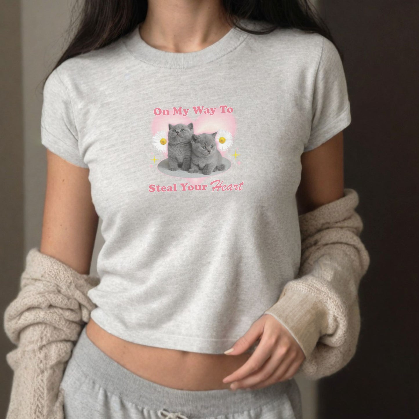 Cute Y2K "On My Way To Steal Your Heart" 2000s Kitty Baby Tee Shirt