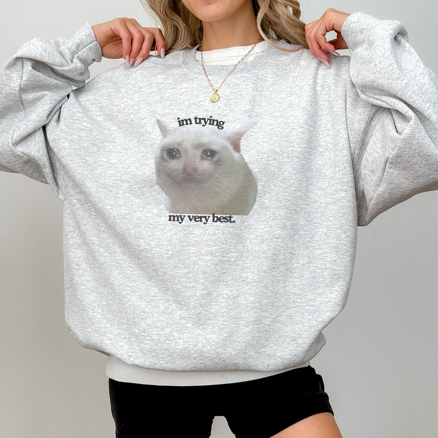 Funny Crying Cat Meme 'Im Trying My Very Best' Trendy Sweatshirt