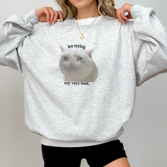 Funny Crying Cat Meme 'Im Trying My Very Best' Trendy Sweatshirt