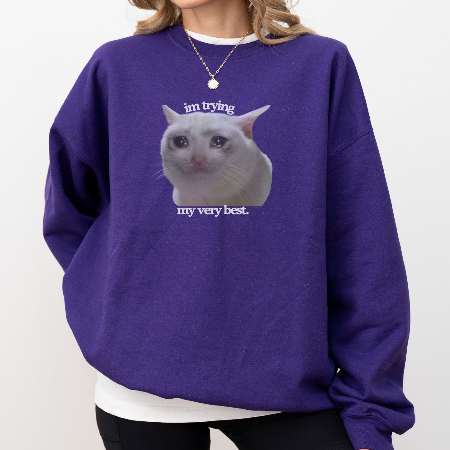 Funny Crying Cat Meme 'Im Trying My Very Best' Trendy Sweatshirt