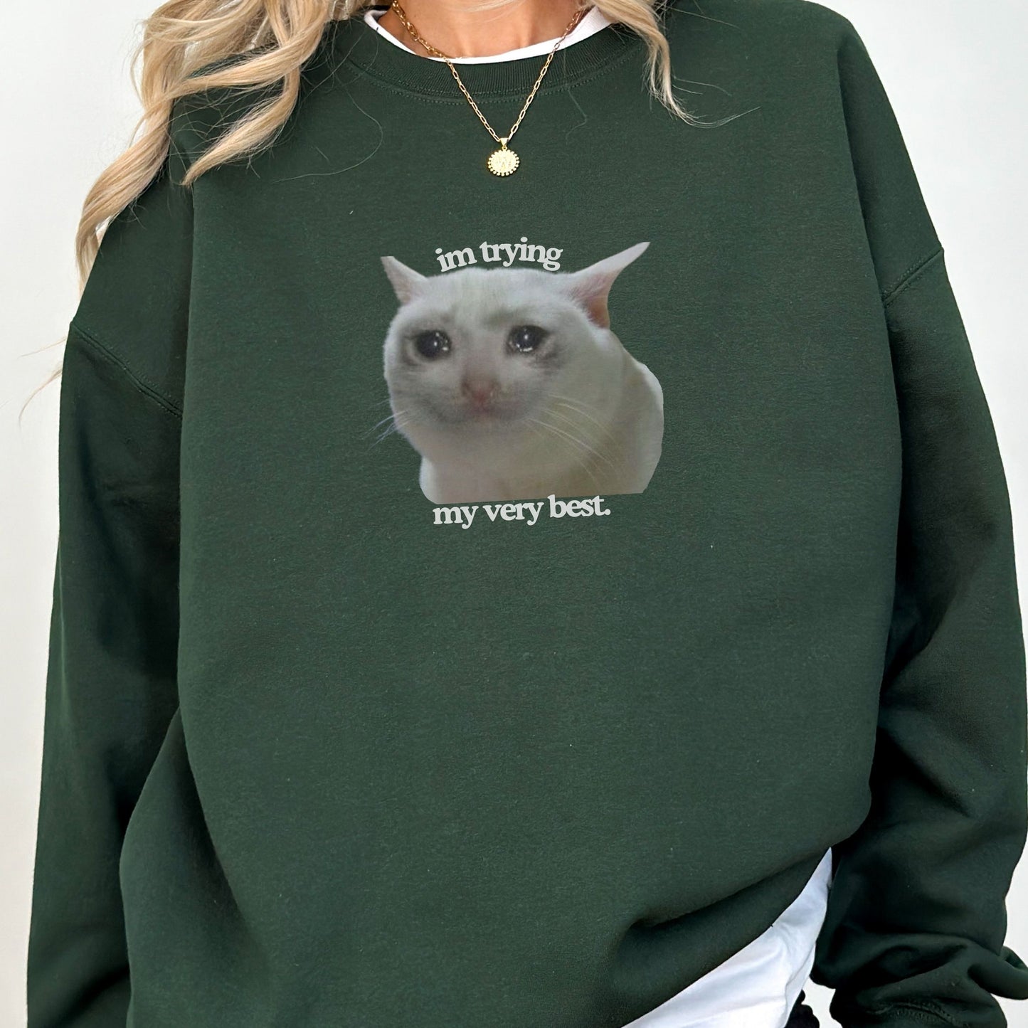 Funny Crying Cat Meme 'Im Trying My Very Best' Trendy Sweatshirt