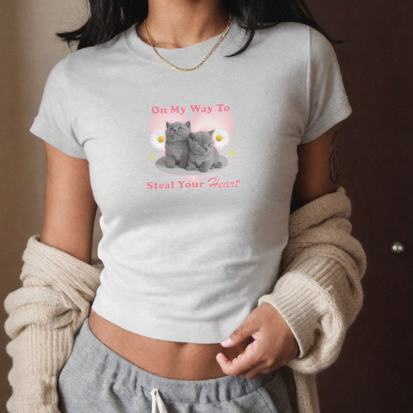 Cute Y2K "On My Way To Steal Your Heart" 2000s Kitty Baby Tee Shirt