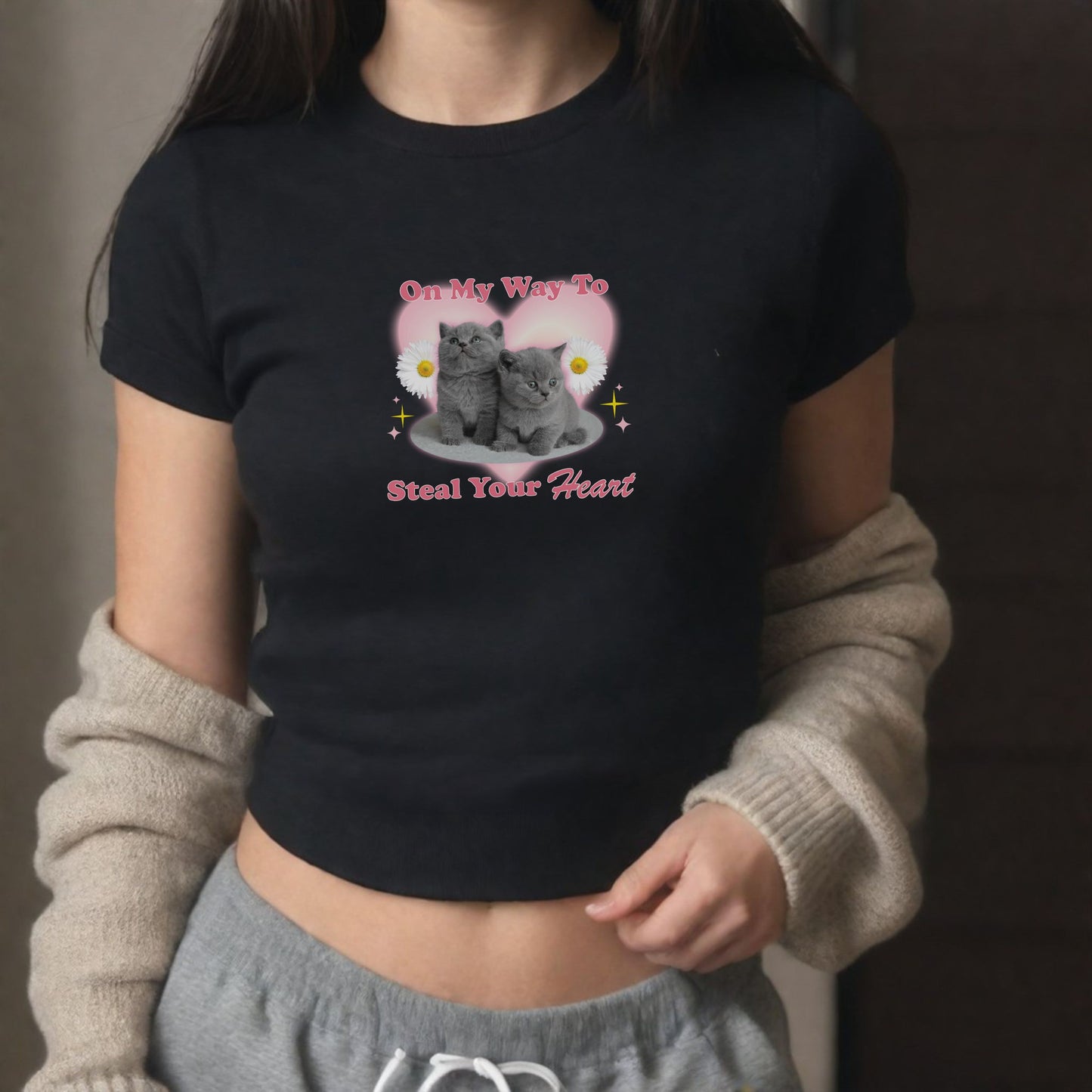 Cute Y2K "On My Way To Steal Your Heart" 2000s Kitty Baby Tee Shirt