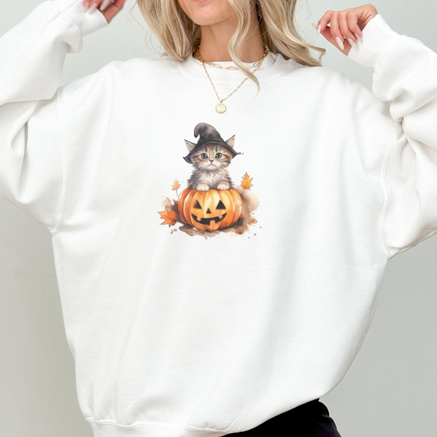 Vintage Halloween Pumpkin Witch Kitten Sweater