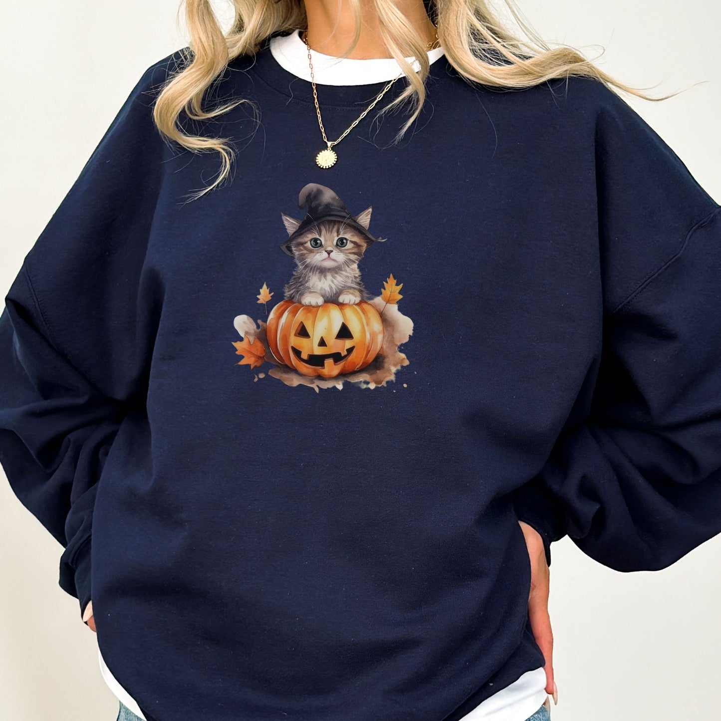 Vintage Halloween Pumpkin Witch Kitten Sweater