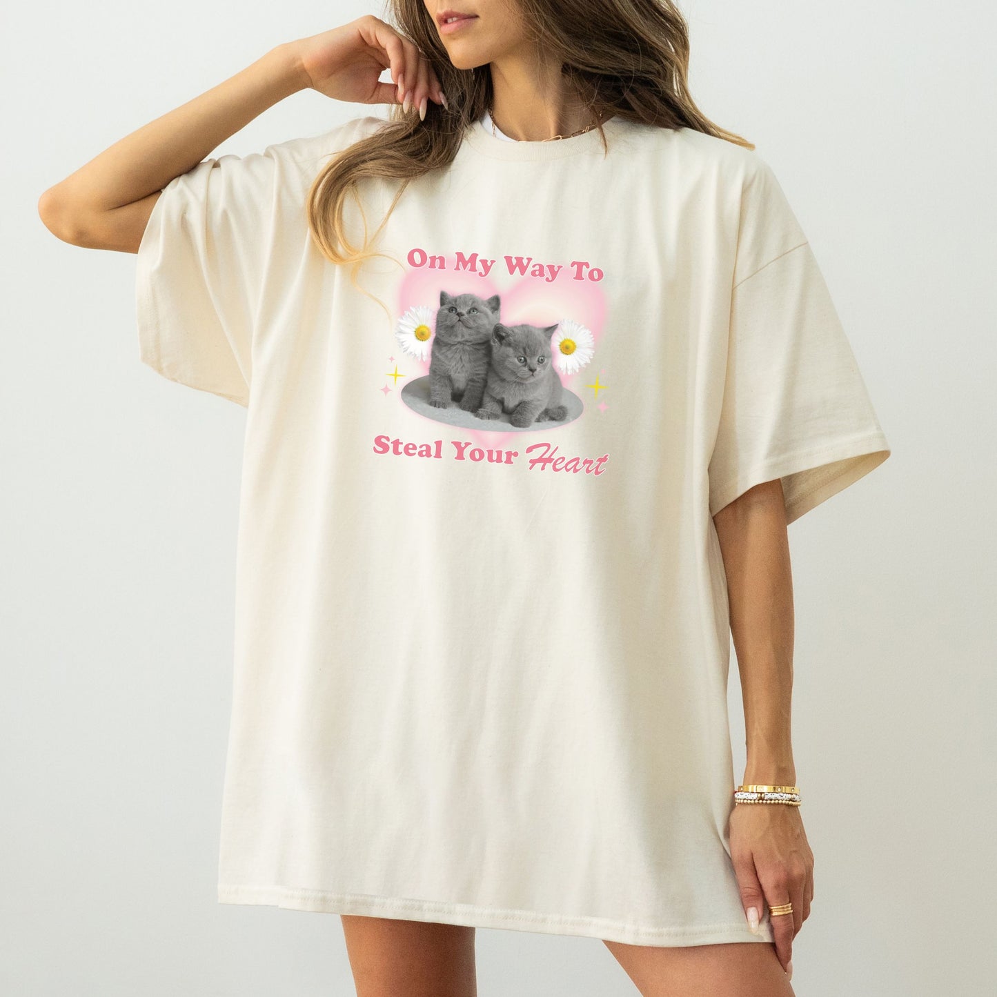 Trendy Y2K 'On my Way to Steal Your Heart' Funny Full Length Kitten T-shirt