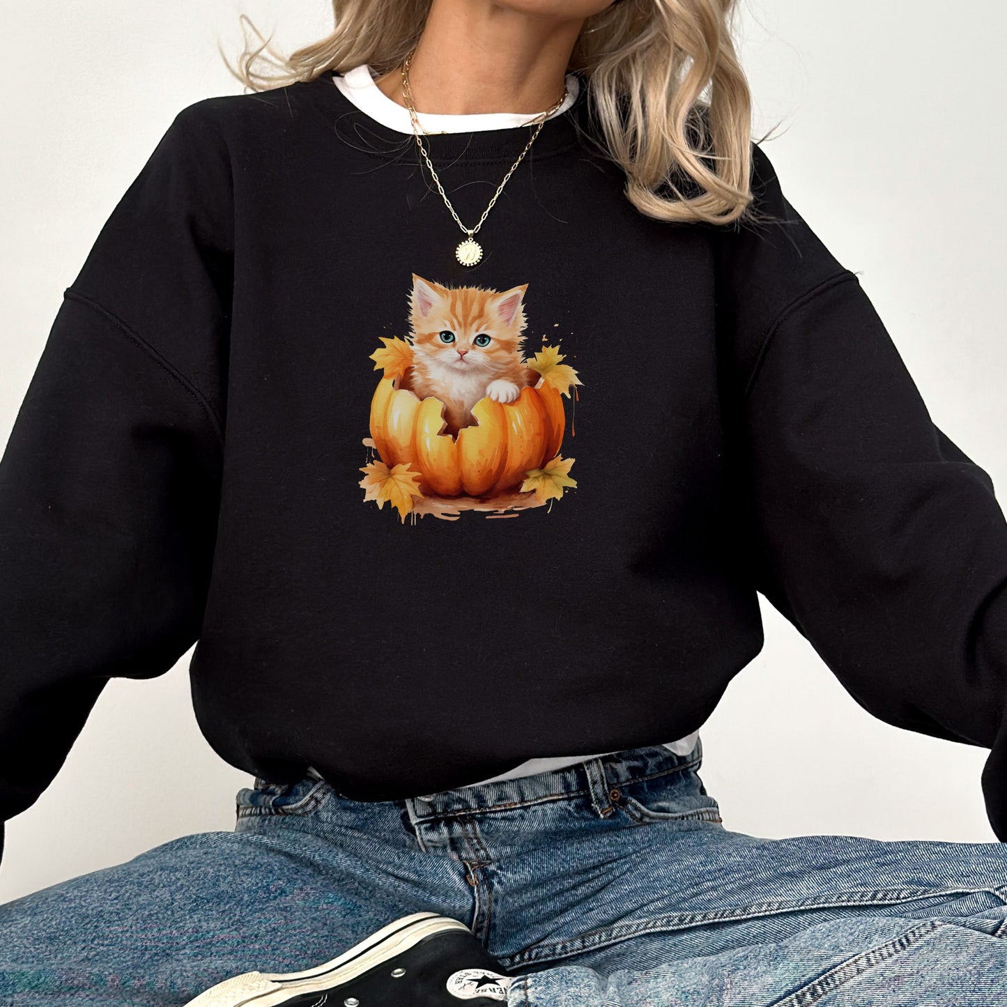 Vintage Fall Kitten in Pumpkin Sweatshirt