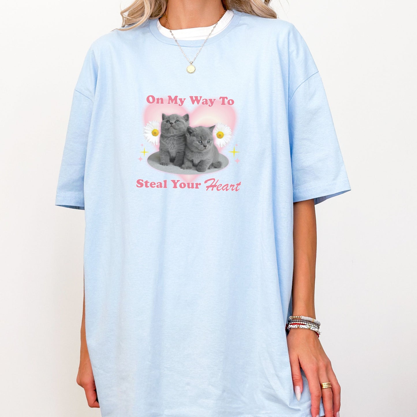 Trendy Y2K 'On my Way to Steal Your Heart' Funny Full Length Kitten T-shirt