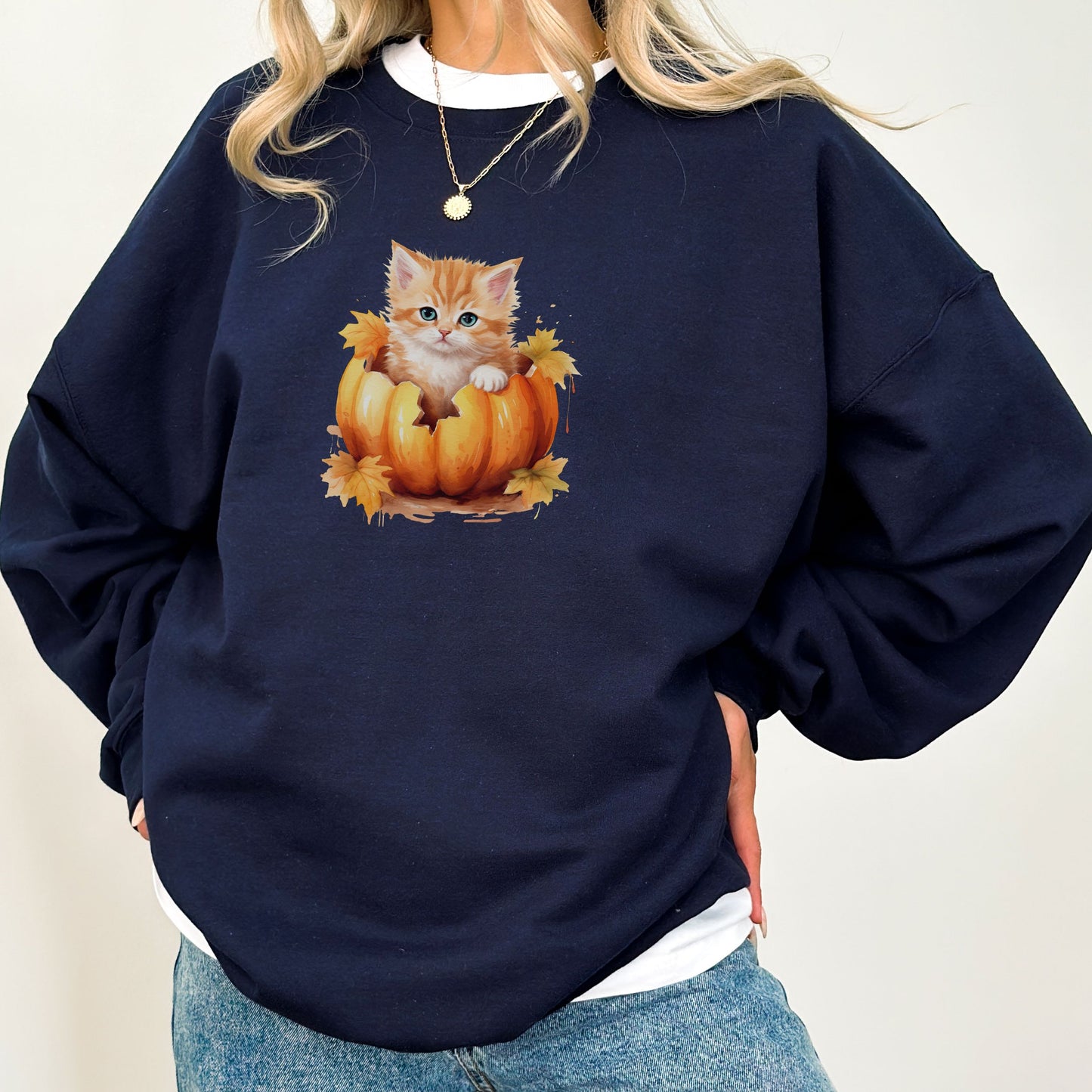 Vintage Fall Kitten in Pumpkin Sweatshirt