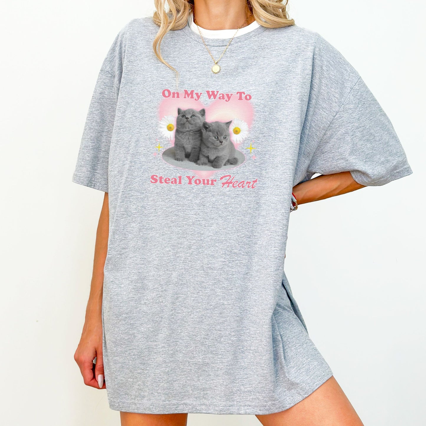 Trendy Y2K 'On my Way to Steal Your Heart' Funny Full Length Kitten T-shirt